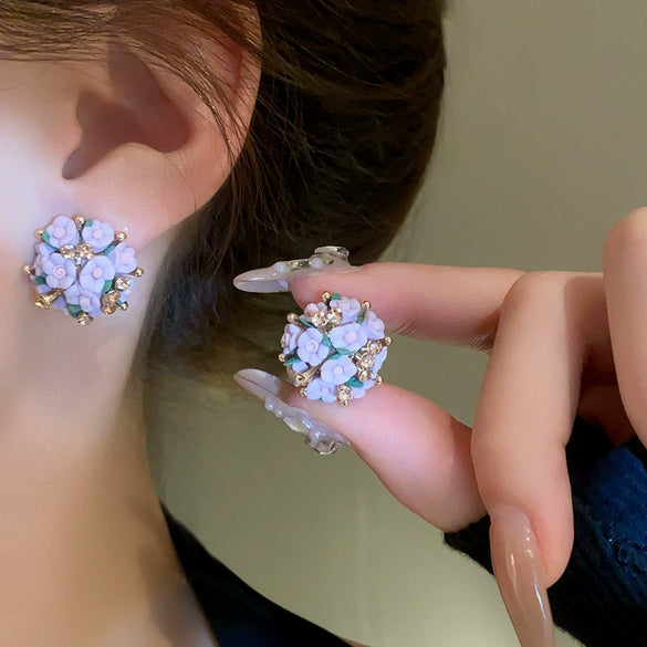 Silver Needle Purple Diamond Flower Women's Exaggerated Long Tassel Earrings Alloy Geometric Inlaid Crystal