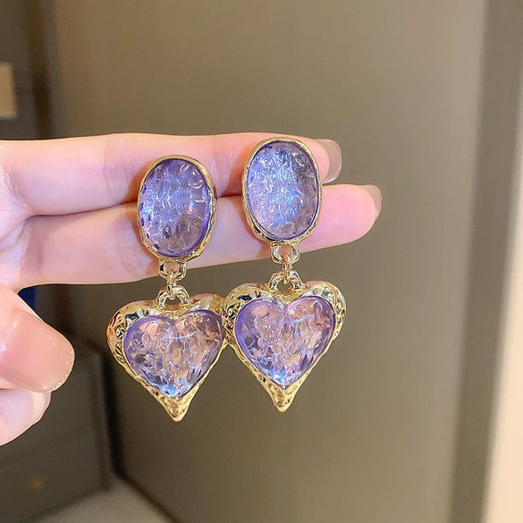 Silver Needle Purple Diamond Flower Women's Exaggerated Long Tassel Earrings Alloy Geometric Inlaid Crystal