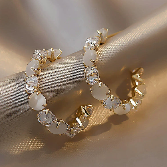 Silver Needle Real Gold Electroplated C Shaped Imitation Cat's Eye Diamond Earrings For Women
