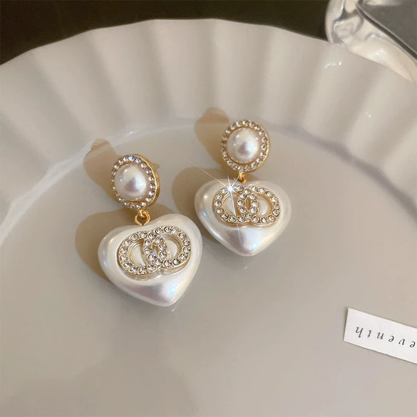 Silver Needle Real Gold Electroplated Geometric Heart Earrings With Mermaid Pearl And Flower Design For Women