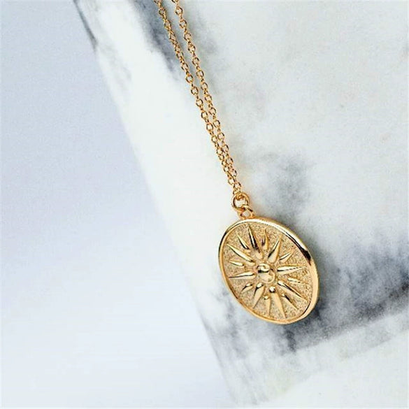 925 Silver O Chain Necklace For Women With Copper Baroque Sun Relief Round Geometric Pendant Electroplated Fashion Jewelry