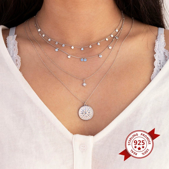 925 Silver O Chain Necklace For Women With Copper Baroque Sun Relief Round Geometric Pendant Electroplated Fashion Jewelry