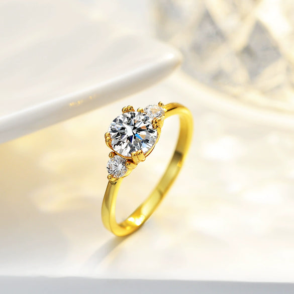 Silver Ring Moissanite Round Geometric Seiko Plated 14K