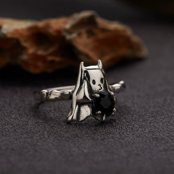 Silver Ring With Natural Blue Crystal Malachite Red Corundum And Lucky Cat Eye Color In Cartoon Zodiac Style