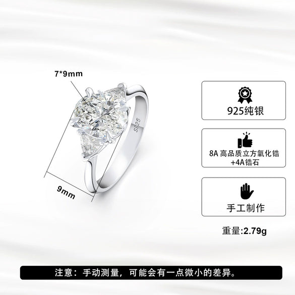 Silver 925 Sterling Eggshaped Geometric Electroplated Zircon Ring For Women