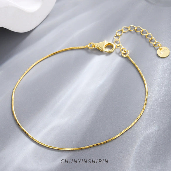 Silver 925 Sterling Simple Round Snake Bone Chain Bracelet With Geometric Pattern Electroplated For Women