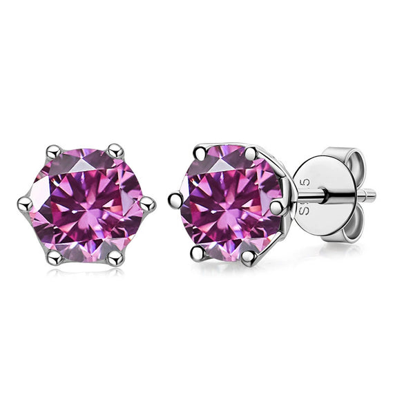 Silver Synthetic Moissanite Round Classic Sixclaw Earrings