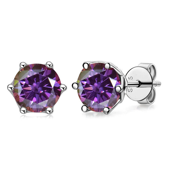 Silver Synthetic Moissanite Round Classic Sixclaw Earrings