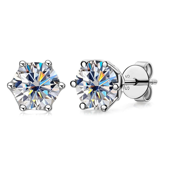 Silver Synthetic Moissanite Round Classic Sixclaw Earrings