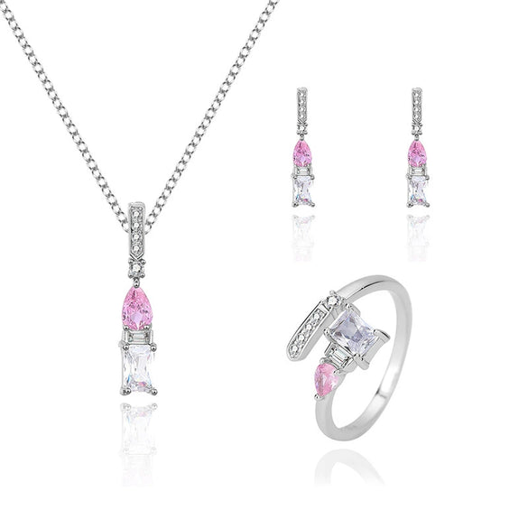 Silver 925 Threepiece Set Of Necklace Earrings And Ring With Geometric Pattern And Diamond Design