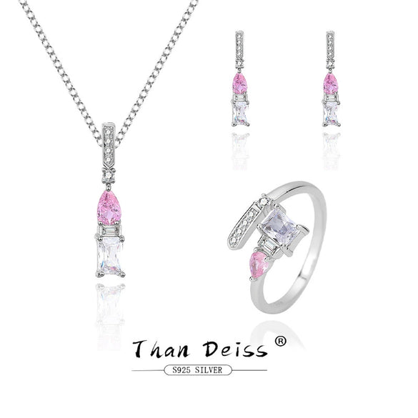 Silver 925 Threepiece Set Of Necklace Earrings And Ring With Geometric Pattern And Diamond Design