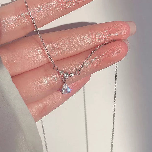 Silver Water Drop Shape Zircon Clavicle Necklace Retro Simple Design
