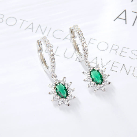 925 Silver Women's French Retro Elegant Earrings With Green Zirconium And Geometric Pattern