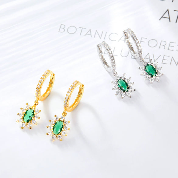 925 Silver Women's French Retro Elegant Earrings With Green Zirconium And Geometric Pattern