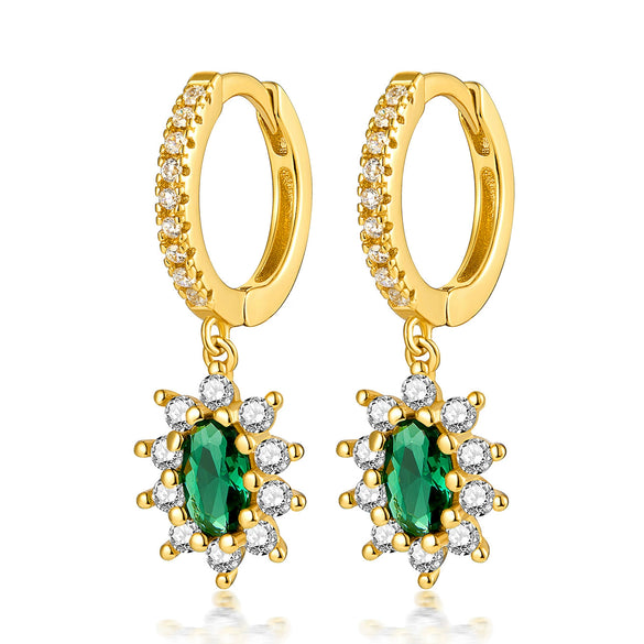 925 Silver Women's French Retro Elegant Earrings With Green Zirconium And Geometric Pattern