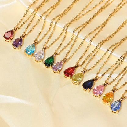 Simple 18k Gold-plated Color Zircon Stainless Steel Drop-shaped Pendant Necklace