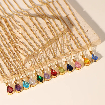 Simple 18k Gold-plated Color Zircon Stainless Steel Drop-shaped Pendant Necklace