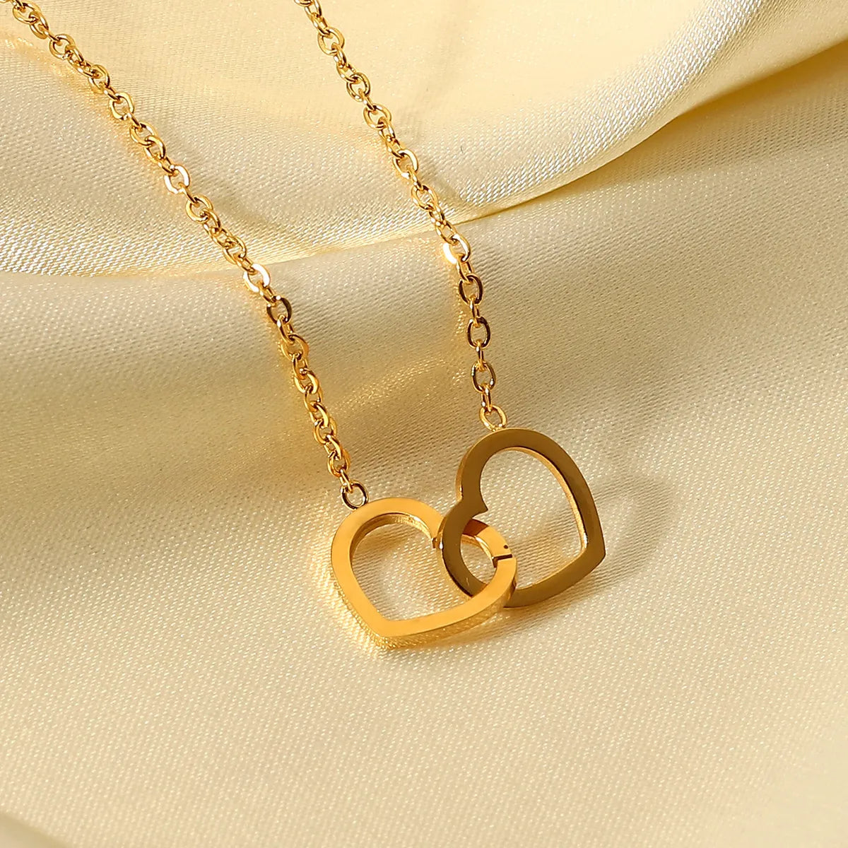 Simple 18k Gold Stainless Steel Double Heart Ring Necklace Wholesale