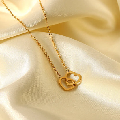 Simple 18k Gold Stainless Steel Double Heart Ring Necklace Wholesale