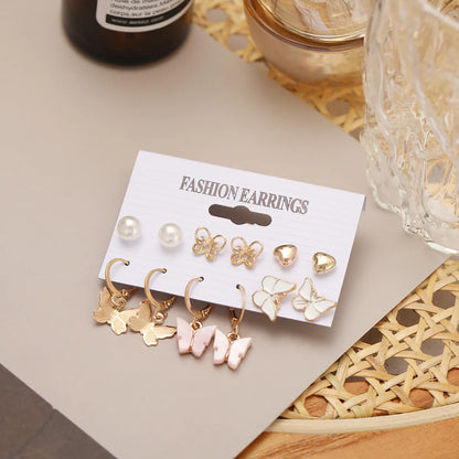 Independent Station Earrings Set Cross-Border Acrylic Butterfly Earrings Set 6 Pairs Creative Simple Pink Crystal Earrings