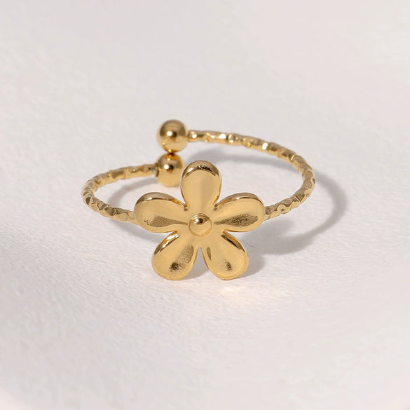 Simple Allmatch Fashion Flower Goldplated Stainless Steel Open Ring For Women