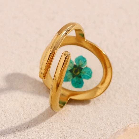 Simple Allmatch Popular Bracelet And Ring Stainless Steel Electroplated 18K Gold Green Dried Flower Acrylic