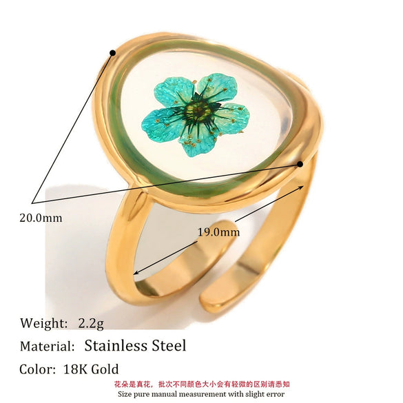 Simple Allmatch Popular Bracelet And Ring Stainless Steel Electroplated 18K Gold Green Dried Flower Acrylic