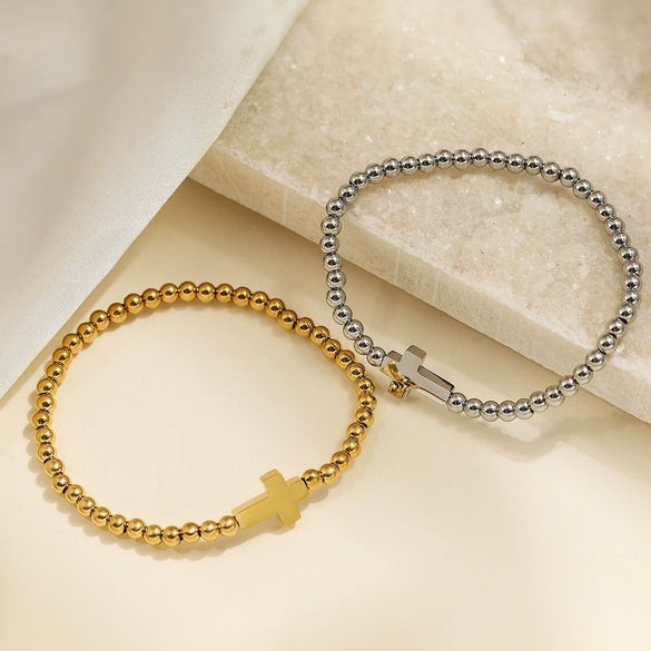 Simple Allmatch Stainless Steel Electroplated Women's Cross Beaded Bracelet