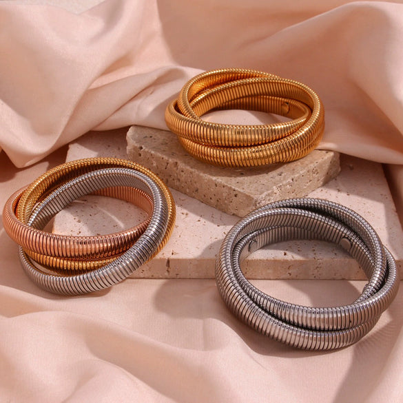 Simple Allmatch Titanium Stainless Steel 18K Gold Plated Threelayer Winding Elastic Snake Chain Bracelet For Women