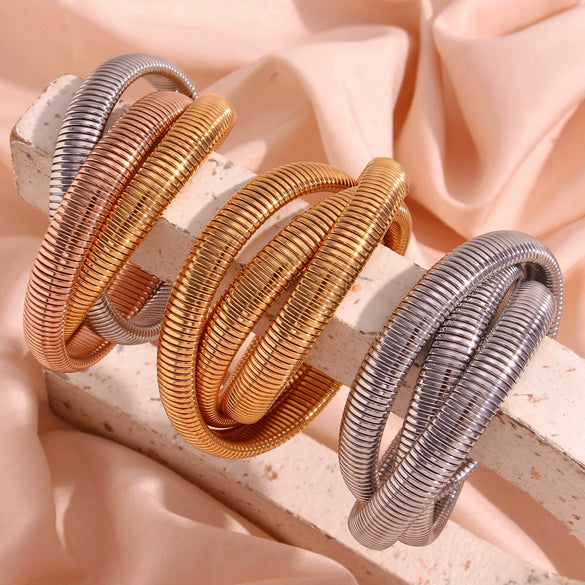 Simple Allmatch Titanium Stainless Steel 18K Gold Plated Threelayer Winding Elastic Snake Chain Bracelet For Women