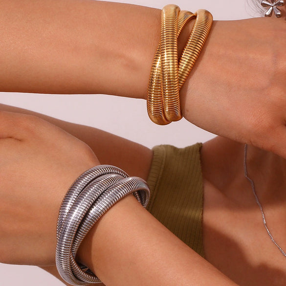 Simple Allmatch Titanium Stainless Steel 18K Gold Plated Threelayer Winding Elastic Snake Chain Bracelet For Women