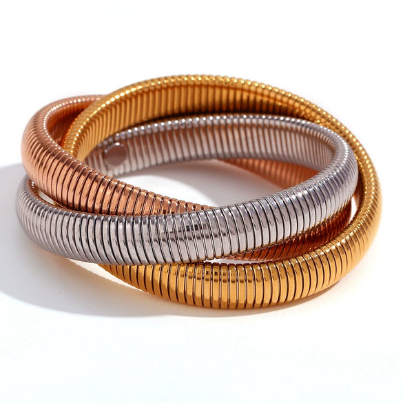 Simple Allmatch Titanium Stainless Steel 18K Gold Plated Threelayer Winding Elastic Snake Chain Bracelet For Women