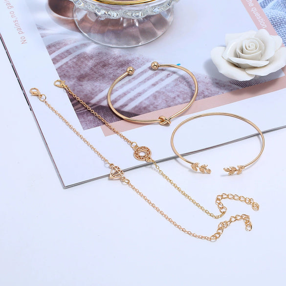Simple Alloy Geometric Knot And Leaf Hollow Ring Bracelet Set For Women With Artificial Gemstone Inlay