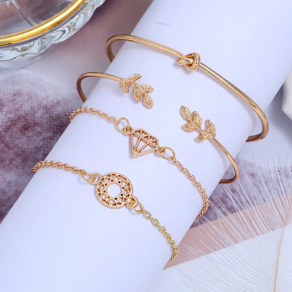 Simple Alloy Geometric Knot And Leaf Hollow Ring Bracelet Set For Women With Artificial Gemstone Inlay