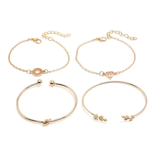 Simple Alloy Geometric Knot And Leaf Hollow Ring Bracelet Set For Women With Artificial Gemstone Inlay