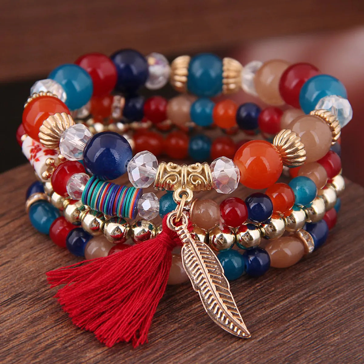 Simple And Colorful Acrylic Beads Fringed Leaf Pendant Multilayer Fashion Bracelet