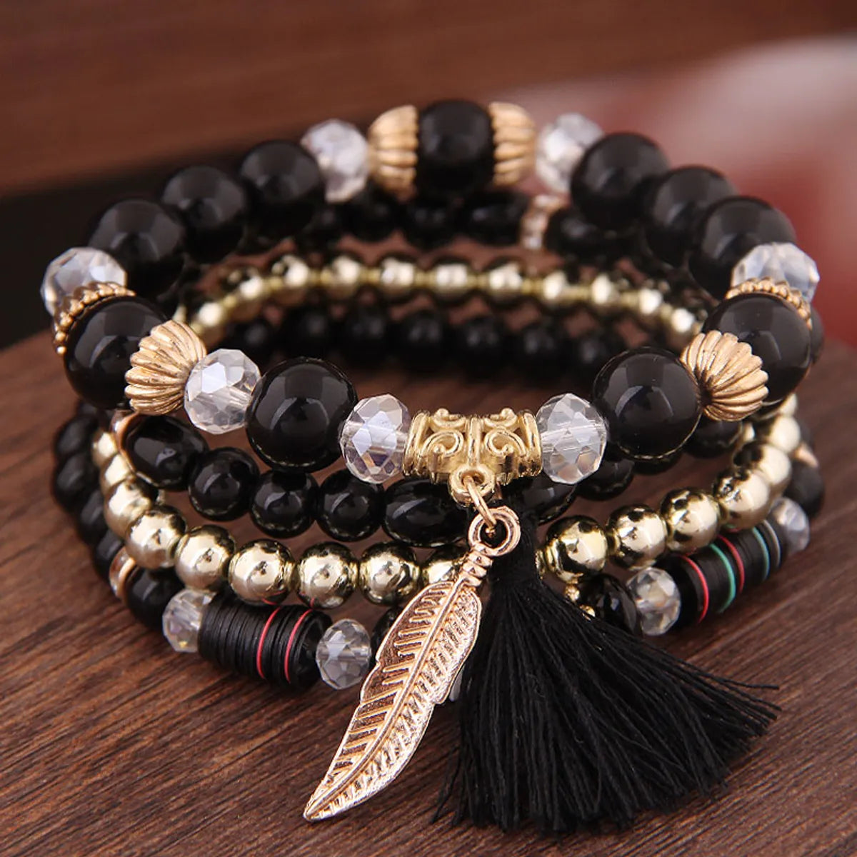 Simple And Colorful Acrylic Beads Fringed Leaf Pendant Multilayer Fashion Bracelet