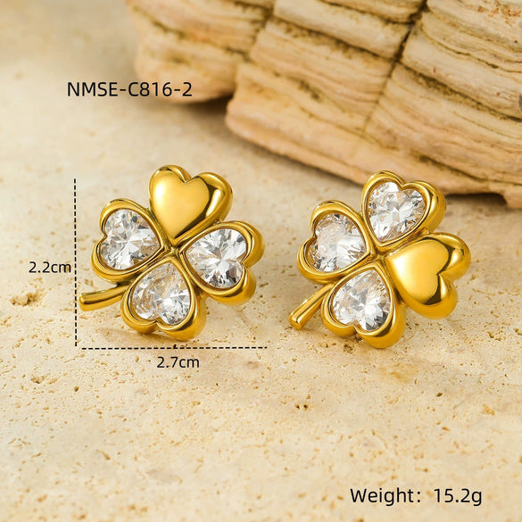 Simple And Highend Stainless Steel 18K Electroplated Women's Earrings With Fourleaf Clover Design And Zircon