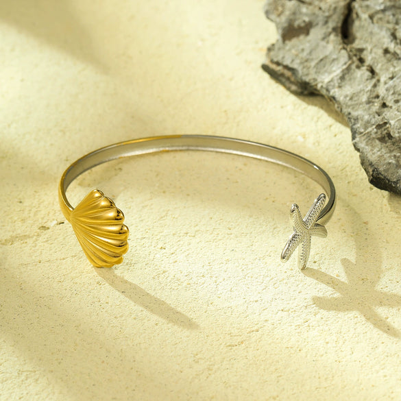 Simple Atmospheric Ocean Wind Jewelry Stainless Steel Starfish Scallop Bracelet Open Ring With Electroplating