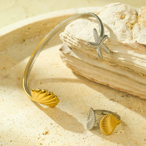 Simple Atmospheric Ocean Wind Jewelry Stainless Steel Starfish Scallop Bracelet Open Ring With Electroplating