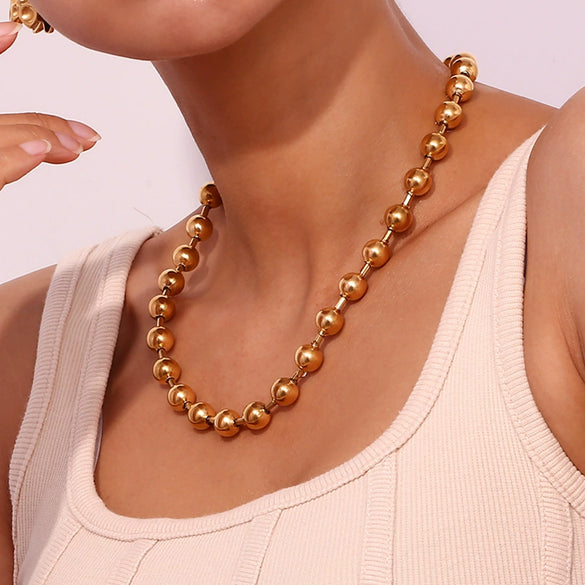 Simple Bead Chain Necklace For Women Exaggerated Personality Stainless Steel With 18K Gold Plated Geometric Design Electroplated