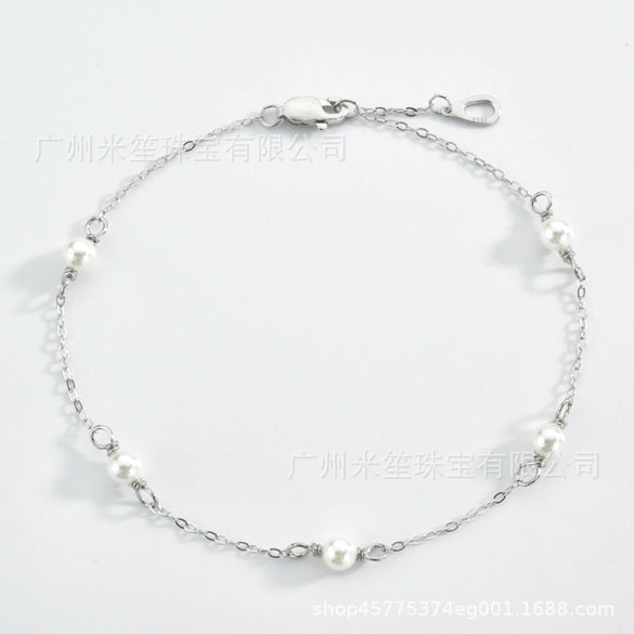 Simple Bead Chain S925 Sterling Silver Austrian Crystal Pearl Women's Bracelet With Geometric Design And Platinum Or 18K Gold Electroplating