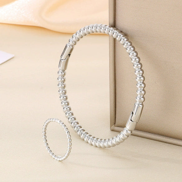 Simple Beads Water Corrugated Geometric Stainless Steel Open Oval Twopiece Ring And Bracelet Jewelry With Electroplating