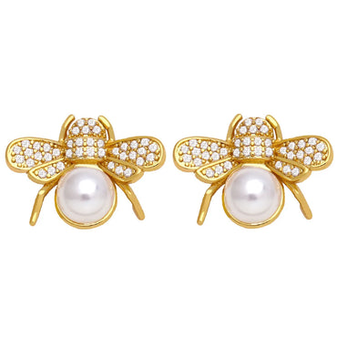 Simple Bee Butterfly Pearl Copper Inlaid Zircon 18k Gold-plated Earrings