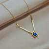 Simple Blue Square Titanium Steel Necklace With Electroplating For Women Geometric Design Cold Style Niche Design High Grade Clavicle Chain