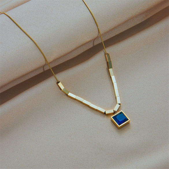 Simple Blue Square Titanium Steel Necklace With Electroplating For Women Geometric Design Cold Style Niche Design High Grade Clavicle Chain