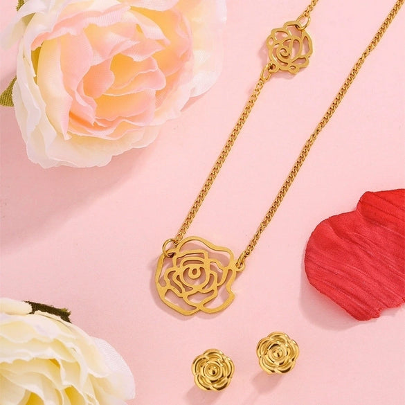 Simple Bow Stainless Steel Jewelry Set With Roman Medallion Irregular Love Pattern Electroplated For Women
