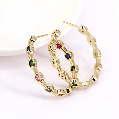 Simple C-shaped Circle Copper Gold-plated Color Zircon Earrings