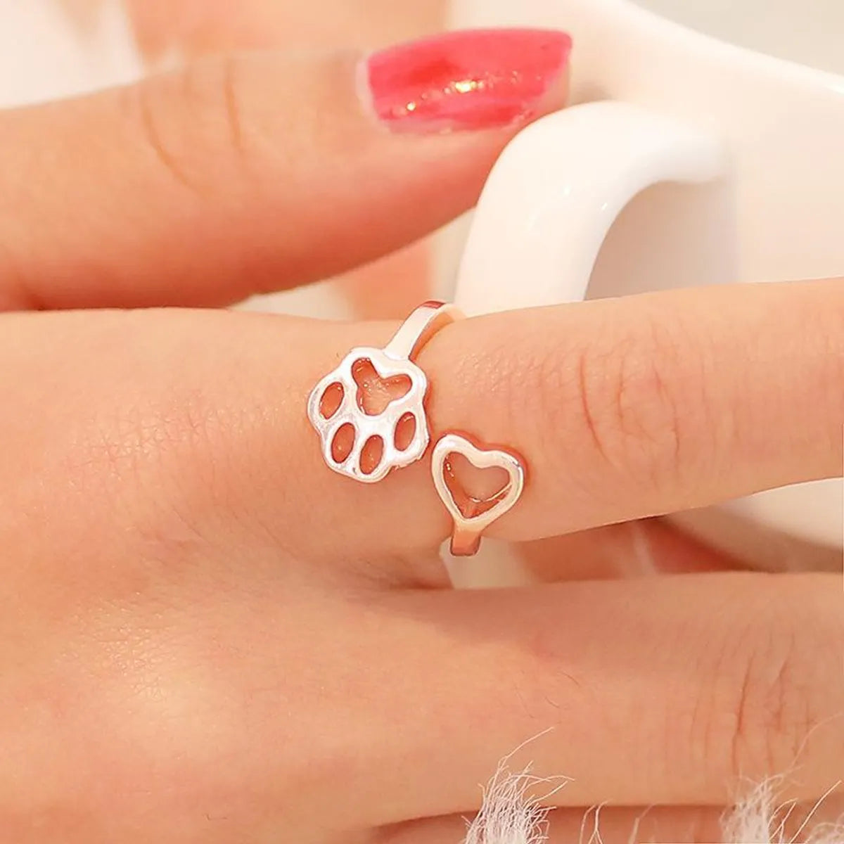 Simple Cat Paw Dog Paw Ring Hollow Love Dog Paw Print Ring Open Tail Ring