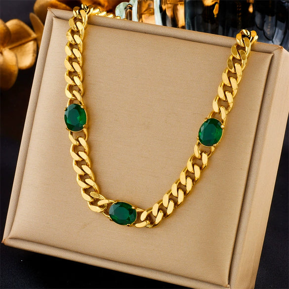 Simple Cold Punk Style Thick Titanium Steel Chain With Geometric Diamond Embedded Emerald Electroplated Necklace